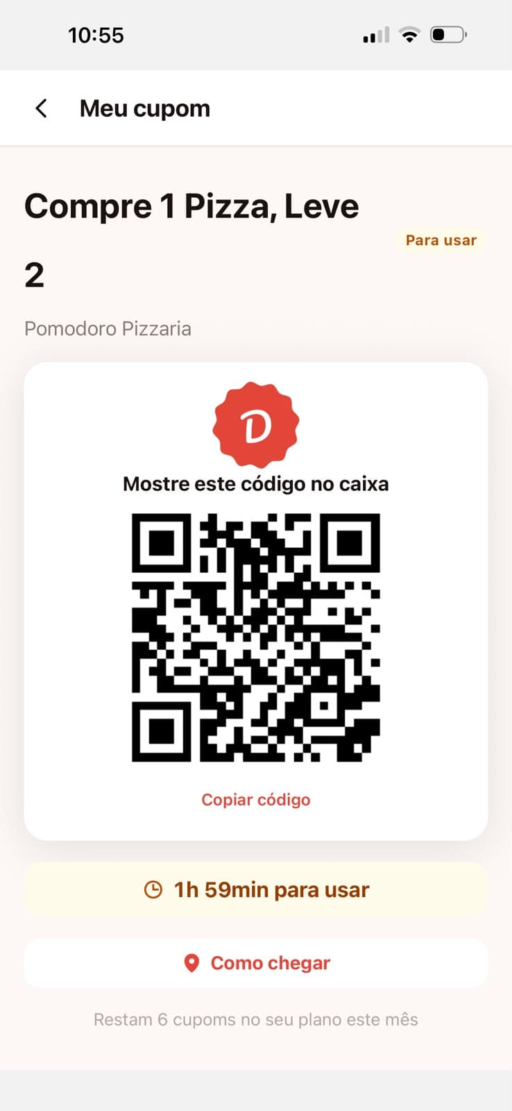 Cupom resgatado com o código para o caixa